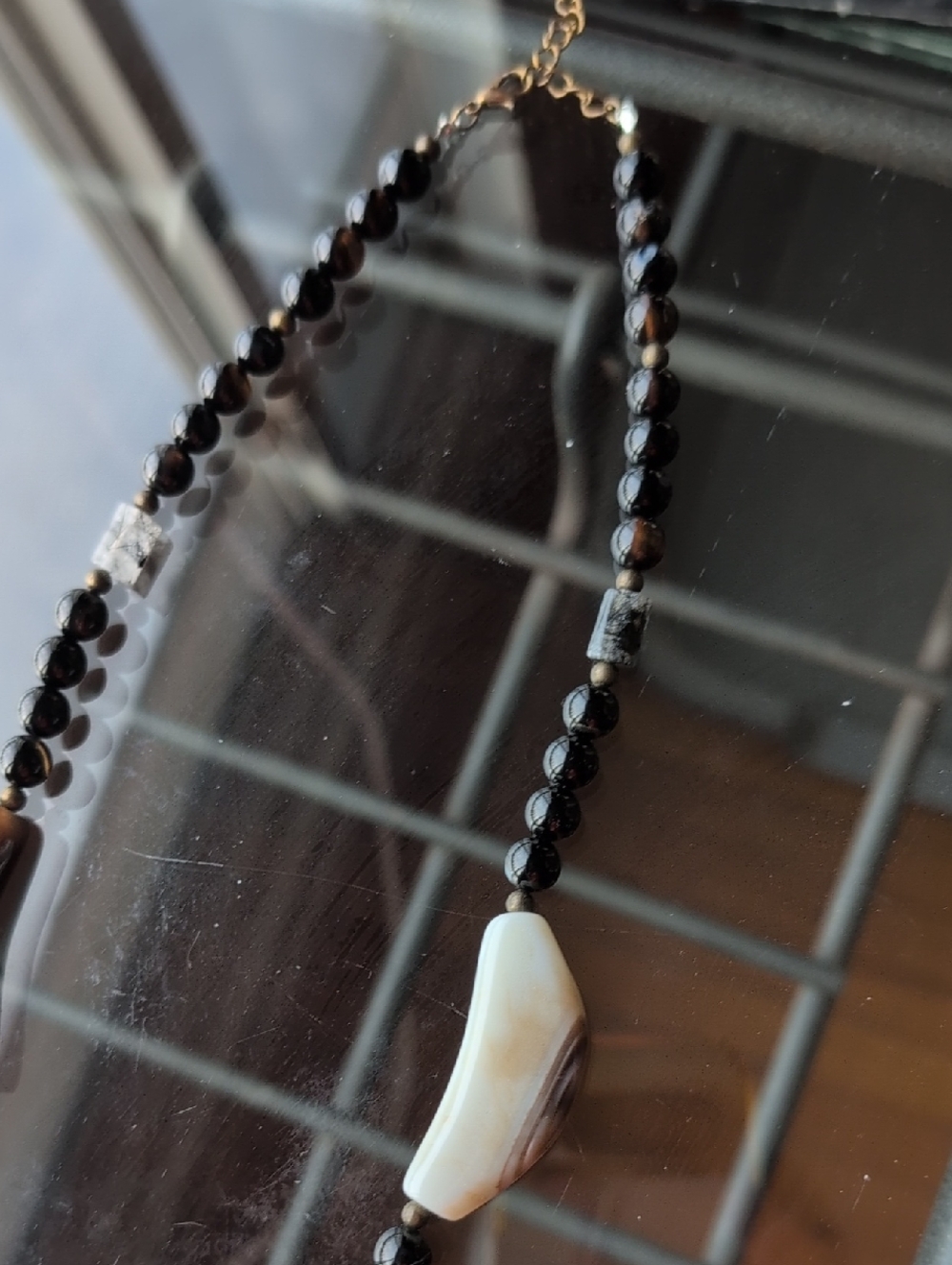 Handmade Black and White Line Agate Beaded Necklace With Quartz - Picture 4 of 4